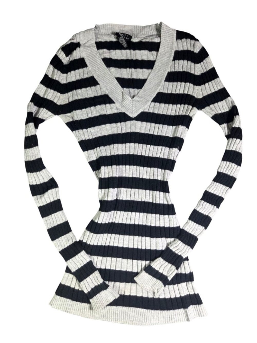 VTG Y2K RUE21 Striped Fitted Ribbed V-Neck Sweater Grey Black Sz S Elena Gilbert